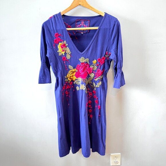 Johnny Was JW Los Angeles 3/4 Sleeve‎ Embroidered Knit Blue Dress- Sz. M - Picture 1 of 7